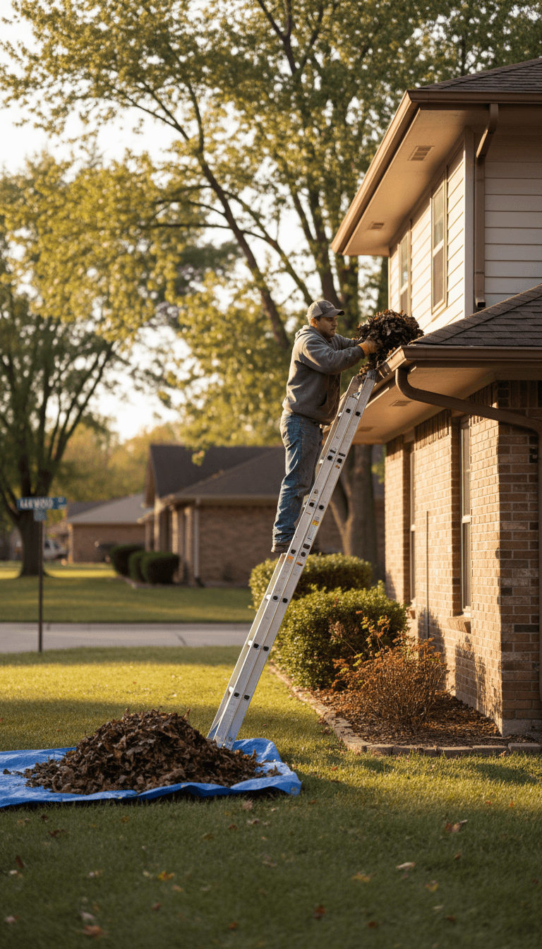 Worker clearing debris from a residential gutter on a ladder in Wichita