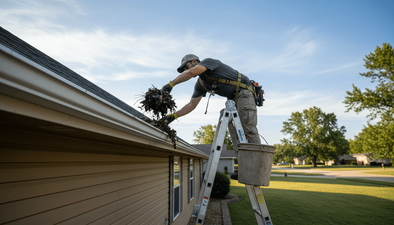 Gutter cleaning technician clearing debris from a residential gutter in Wichita
