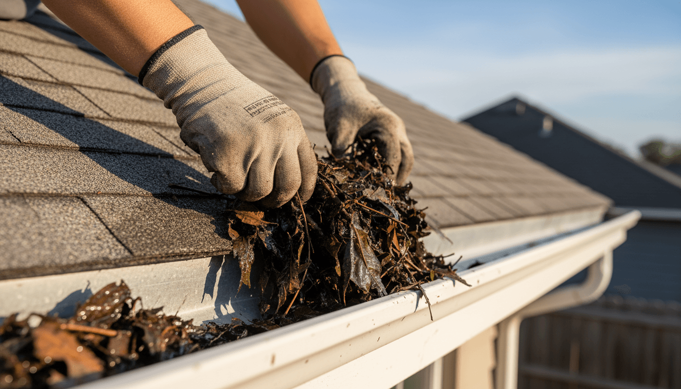 Technician clearing debris from a residential gutter with gloved hands